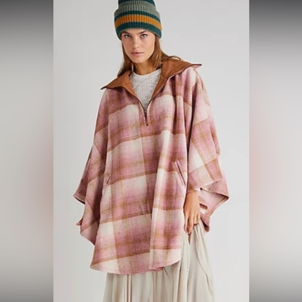 Free People Woodstock Cozy‎ Oversized Boho Plaid Poncho Fall Layering